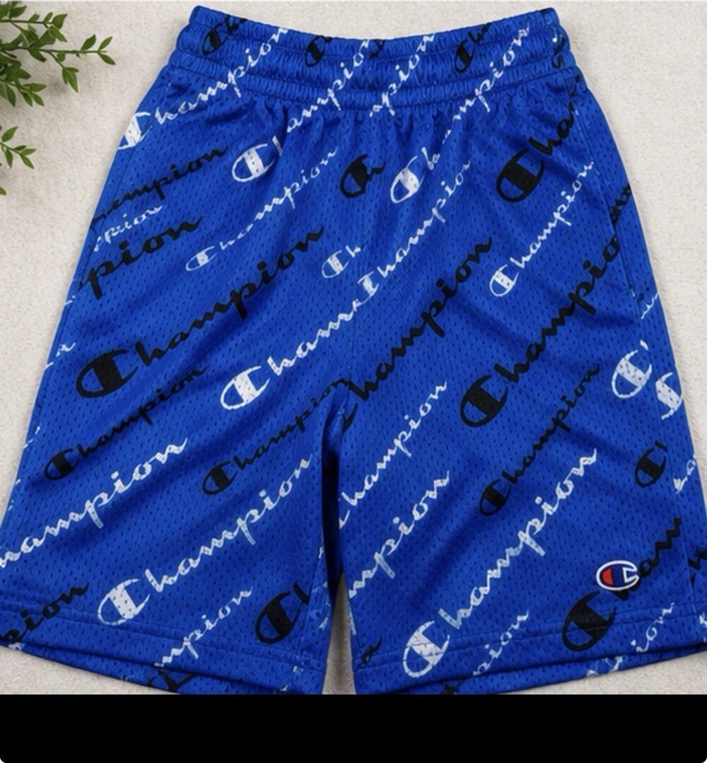 Champion Boys M Blue All Over Logo Mesh Athletic Shorts